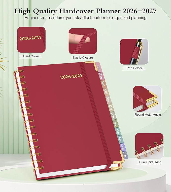Academic Planner 2026-2027, Hardcover Weekly and Monthly Calendar Planner from July 2026 - June 2027, Daily Agenda Planners with Tabs, College School Organizer for Student Teacher, A4 (8.5" x 11"), Red