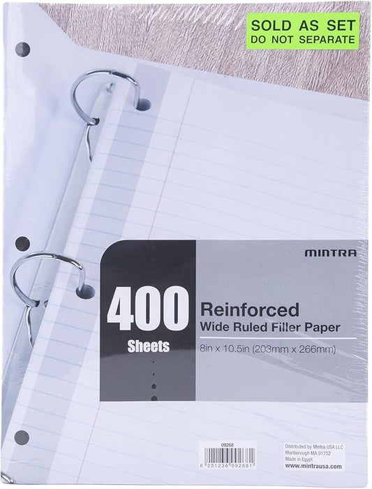 Mintra Reinforced Filler Paper (400 Sheets (4pk of 100), Wide Ruled)