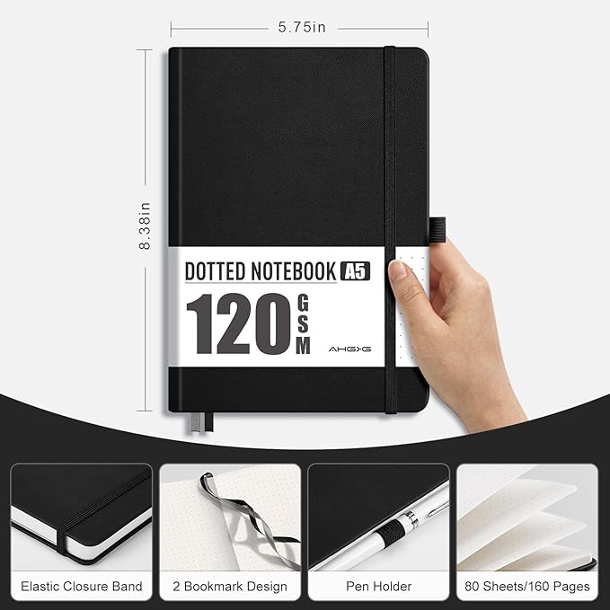 AHGXG Dotted Journal - Dot Grid Notebook Journal, 120 GSM Thick Acid-Free Paper, A5 Dotted Notebook 160 Pages, Leather Hardcover, Inner Pocket, Journal Stencil, 5.7'' × 8.3'', Black