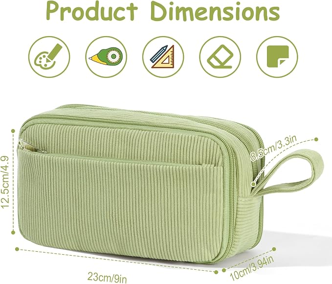 BuyCard Sage green Large Capacity Corduroy Pencil Case, Zipper Pouch, Casual Style, Supplies Organizer for Teen Girls, Boys, Women and Men