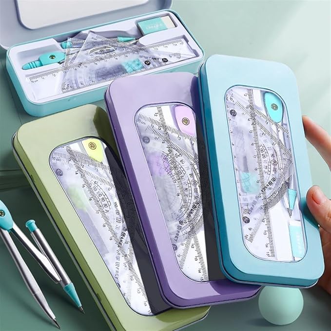 Drawing Compass Drafting Tools 7 Pieces Math Geometry Kit Set Student Supplies School Geometry Set Including Ruler, Protractor, Compass, Lead Lead, Window Box and etc Math