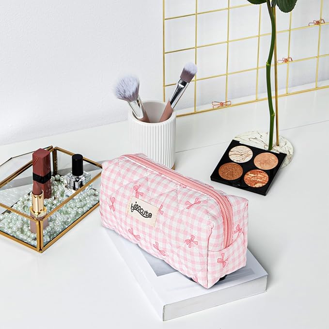 Ymapinc Pink Pencil Pouch, Soft Zipper Bow Bag, Cute Pink White Aesthetic Zipper Checkered Quilted Pencil Case for Women Ideal Makeup Bag