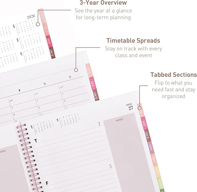 Rileys Academic Planner 2026-2027, Daily, Weekly & Monthly Planner, July 2026 - June 2027, Student Notes Pages, Twin-Wire Binding, Weekly Agenda for School & Work (8.5 x 11-Inches, Typographic, Pink)