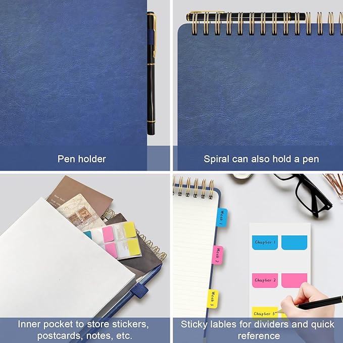 A4 Top Spiral Notebook, Large Leather Hardcover Top Bound Steno Pads, 240 Pages 100 gsm Thick Lined Paper Left Handed Notebook Journal for Work, School, Meeting Writing - Navy Blue, 8.5" x 11"