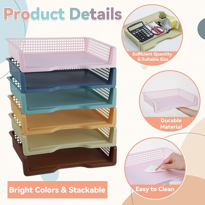 gisgfim 6 Pcs Turn in Trays Classroom Retro Paper Tray for Classroom Organization and Storage Stackable Plastic Book Baskets Turn in Bins Teacher Organizers for Library Drawers School Office Desk