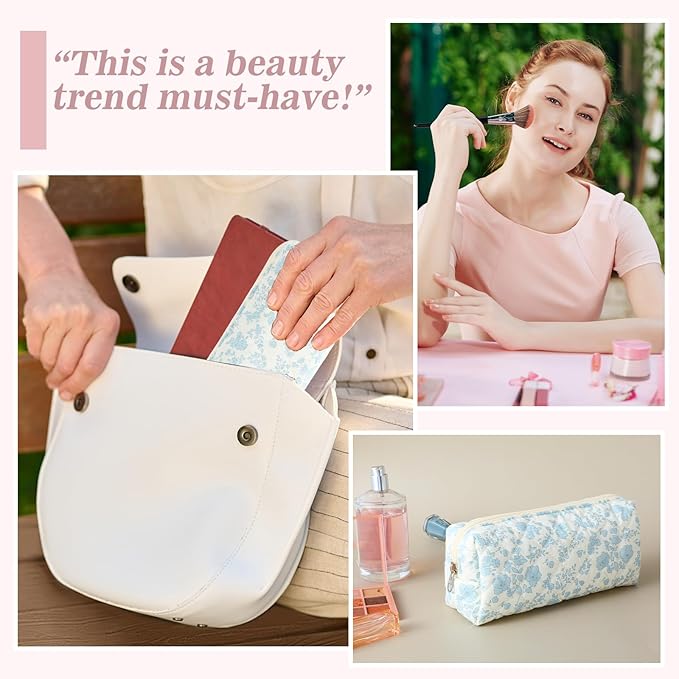 Cute Pencil Case, Aesthetic Flowers Pencil Pouch, Portable Pen Bag Wide Opening, Soft Quilted Pencil Pouch Organizer with Zipper for Office College Storage Makeup Pouch, Blue Flowers