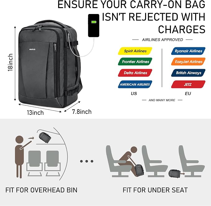 ECOHUB Travel Backpack 18x14x8 Frontier Airlines Personal Item Bag Ash Grey | Carry On Backpack with 13 Pockets, Casual Daypack for Men Women Airline Approved Water Resistant Back pack with Charging Port