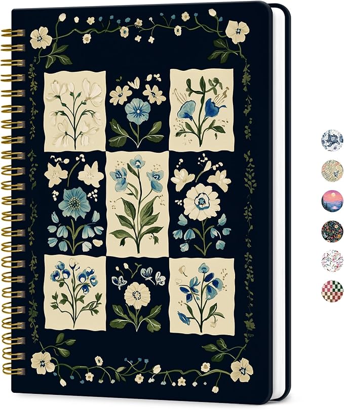 ZOTIA Lined Spiral Journal for Women, A5 Cute Hardcover College Ruled Notebook for Work, School & Note Taking, Aesthetic Writing Journal, 140 Pages (5.8" x 8.3"), Blue Patchwork