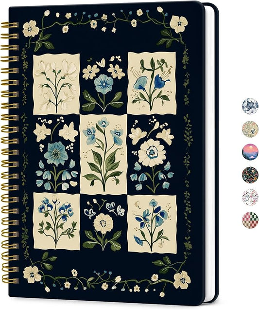 ZOTIA Lined Spiral Journal for Women, A5 Cute Hardcover College Ruled Notebook for Work, School & Note Taking, Aesthetic Writing Journal, 140 Pages (5.8" x 8.3"), Blue Patchwork
