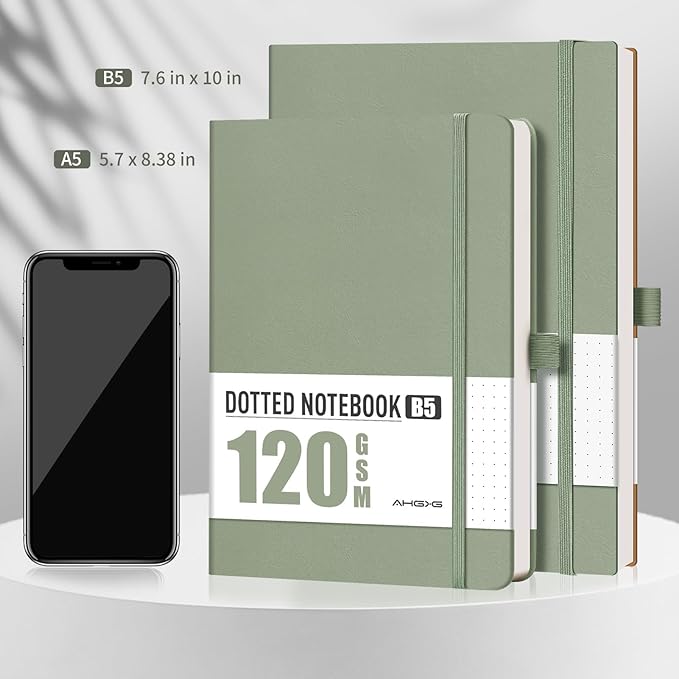 AHGXG Dotted Journal - Dot Grid Notebook Journal, 120 GSM Thick Acid-Free Paper, Large B5 Dotted Notebook 96 Pages, Leather Softcover, Inner Pocket, Journal Stencil, 7.6'' X 10'', Sage Green
