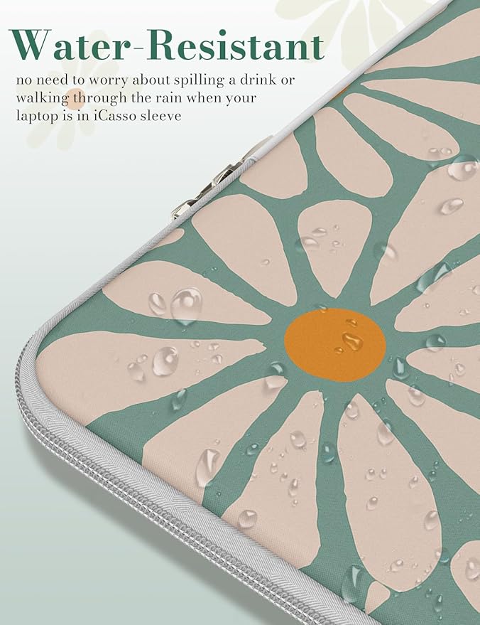 iCasso Laptop Sleeve 13 inch for MacBook Air 13-13.6 inch, Chic Laptop case for MacBook Pro 13 inch, Slim Protective Travel Carrying Case for MacBook Pro 14 inch, Chromebook, HP, Dell, Green Daisy