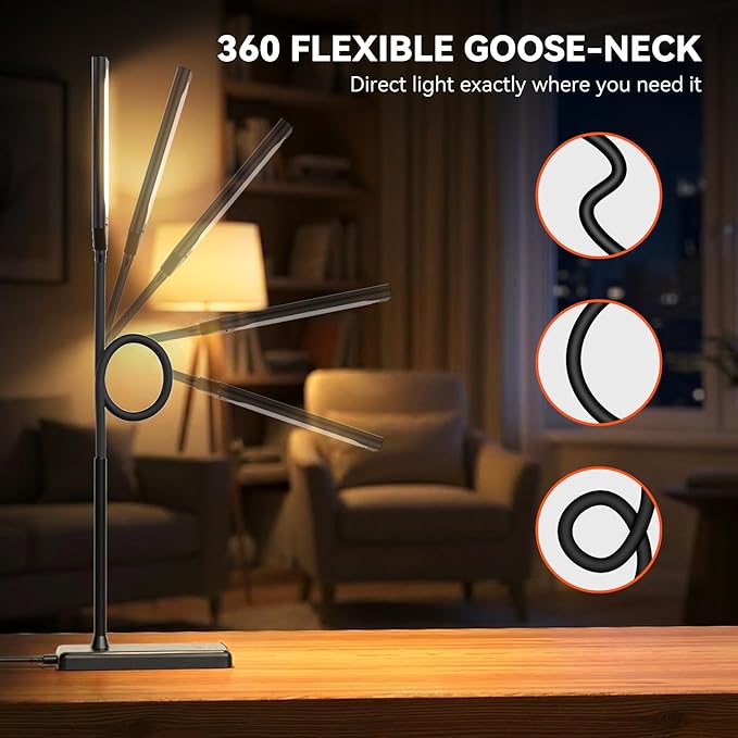 LED Desk Lamp 12W Touch Control Desk Lamp with USB Charging Port 5 Color Modes 6 Brightness Levels Eye-Caring Office Lamp with Memory Function 1h Timer Adjustable Neck Table Lamp