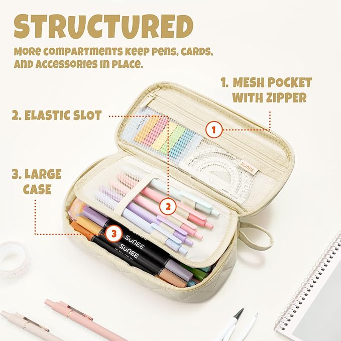 SUNEE Cute Pencil Case, Large Capacity Pencil Pouch Aesthetic Zipper Pencil Bag, Big Storage Pen Organizer for Stationery, Soft Quilted Pencil Box Back to School Supplies for Teen Girls Boys, Cream