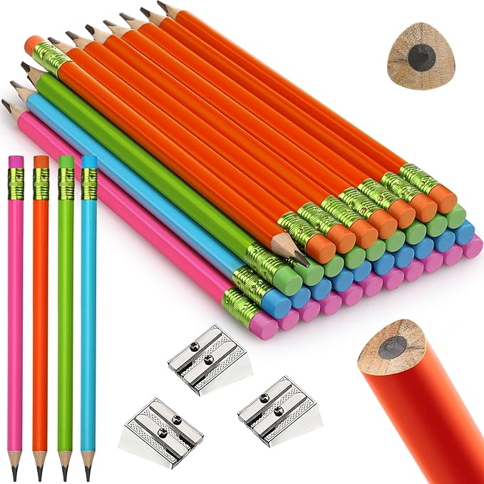 Fainne 48 Pcs Fat Pencils Jumbo Big Thick Large Pencils and 3 Pieces Sharpeners for Kids Beginners Preschoolers Kindergarten School Office Supplies(Multicolor,Triangle)
