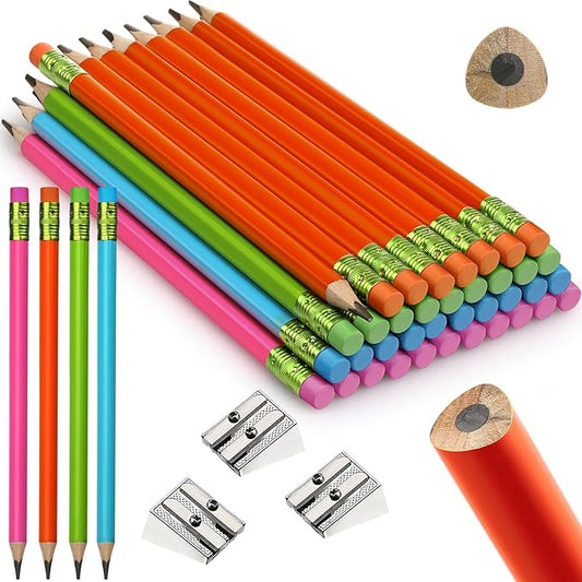 Fainne 48 Pcs Fat Pencils Jumbo Big Thick Large Pencils and 3 Pieces Sharpeners for Kids Beginners Preschoolers Kindergarten School Office Supplies(Multicolor,Triangle)