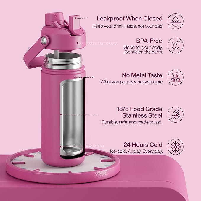 ENCOOL Insulated Water Bottle with Straw Stainless Steel Water Bottle, Leak-Proof, BPA-Free, Double Wall Vacuum Keeps Cold for 24 Hours for Sports, Travel, School (18 oz, Turkish Rose)
