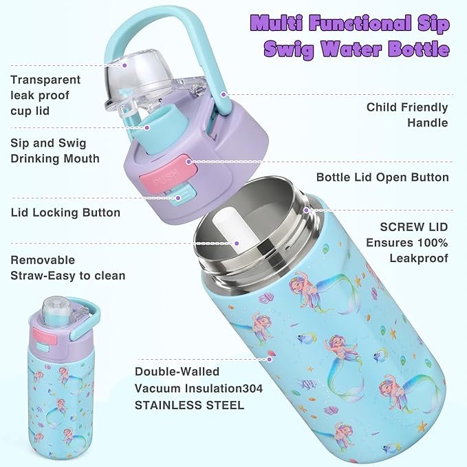 Bento Lunch Box for Kids with 7oz Soup Thermo,Insulated Stainless Steel Kids Water Bottle with Straw and Insulated Lunch Bag,Leak-Proof Lunch Food Container with Ice Pack for School (Purple-Mermaid)