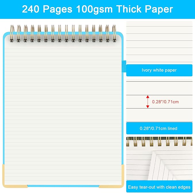 Top Spiral Notebook, A4 Hardcover Top Bound Steno Pads, 240 Pages 100gsm College Ruled Left Handed Notebook Journal for Work, School, Meeting Writing - Blue, 8.5" x 11"