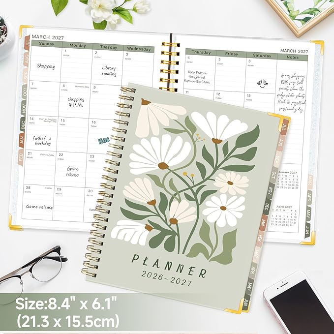 GuassLee 2026-2027 Academic Planner, Weekly and Monthly Planner from July 2026-June 2027, 8.4"x 6.1" Aesthetic Daisy Agenda Book with Back Pocket Stickers Tabs for School Office Supplies, A5 Size