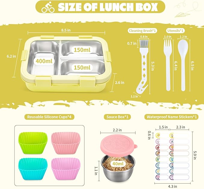 Stainless Steel Lunch Box Kids, 3 Compartments Leak Proof Metal Bento Box, Snack Containers with Condiment Cup, Food Storage Containers With Utensils and Small Cleaning Brush Set, Yellow
