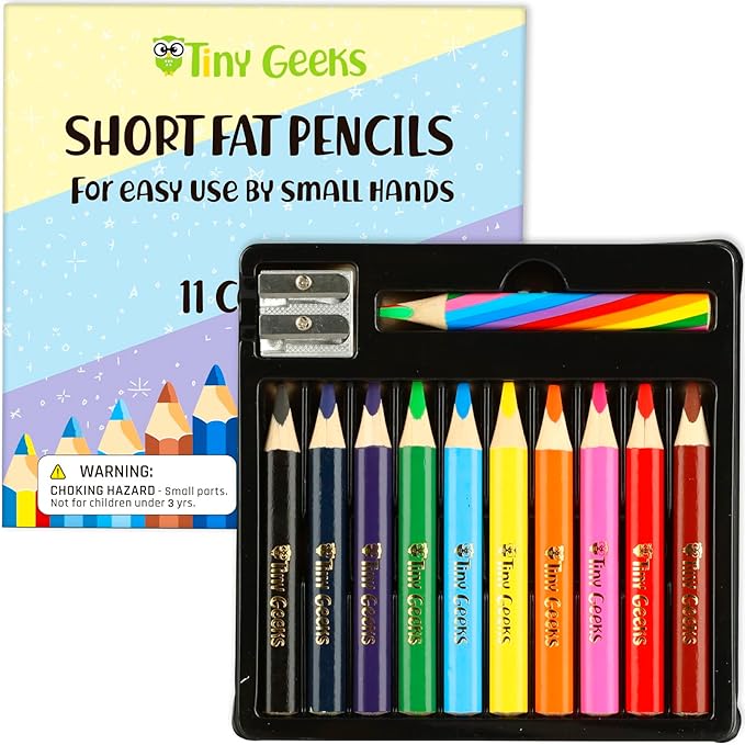 TinyGeeks Jumbo Color Pencils Set For Kids - Short Fat Triangle Pencils for Kids Ages 3-7 - For Preschoolers, Kindergarten, Toddlers, Beginners - Triangular Shape With Sharpeners