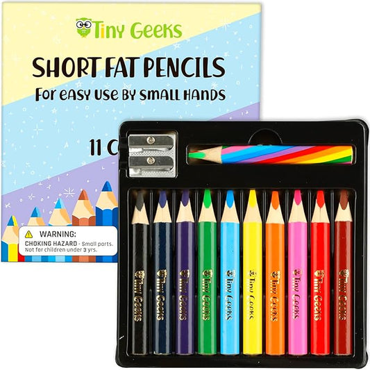 TinyGeeks Jumbo Color Pencils Set For Kids - Short Fat Triangle Pencils for Kids Ages 3-7 - For Preschoolers, Kindergarten, Toddlers, Beginners - Triangular Shape With Sharpeners