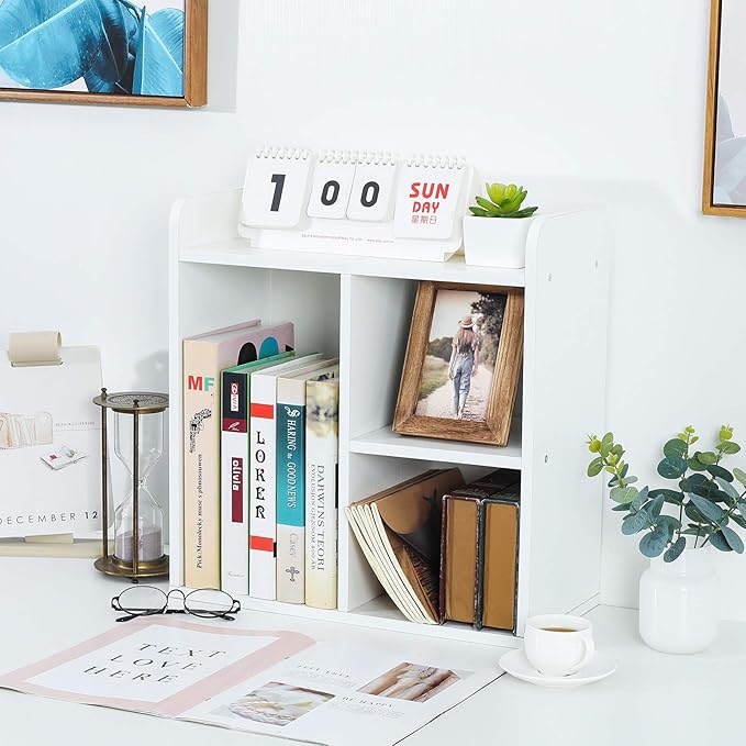 PAG Desktop Shelf Freestanding Wood Small Bookshelf Desk Supplies Organizers and Accessories Storage Display Rack Office Decor for Women, White