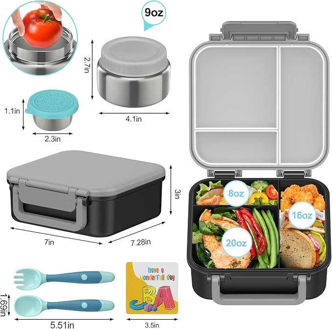 Kids Bento Lunch Box with 9oz Soup Thermo Leakproof Lunch Food Containers 4 Compartment with Insulated Hot Food Jar for Kid Toddler Girls Boys to School, Trvael