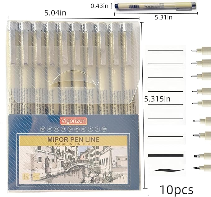 MIPOR PEN LINE Black Fineliner Set 10pcs, Micro-Line Drawing Pens with Multiple Nib Sizes for Art Sketching, Illustration, Technical Drawing