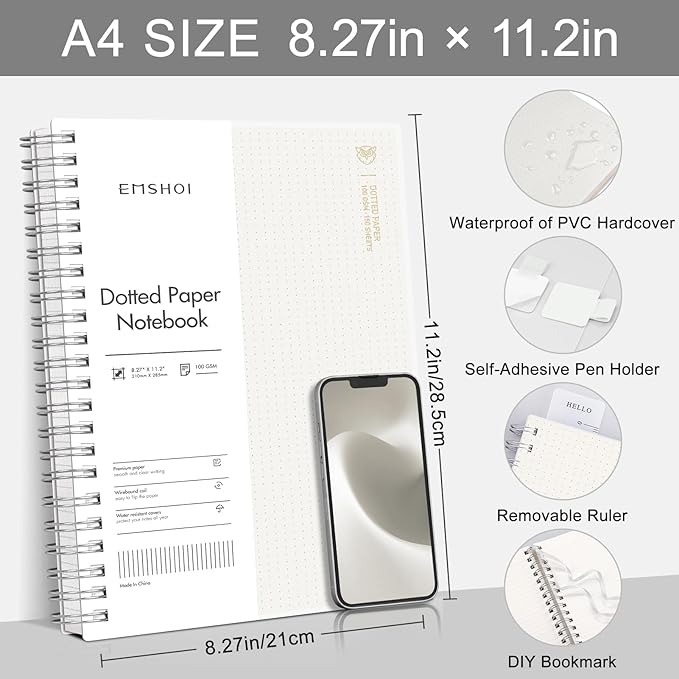EMSHOI A4 Spiral Notebook Dotted Journal, Dotted Grid Notebook with 300 Pages, 100gsm Thick Paper, Waterproof Softcover Notebook for School Work Writing, 8.27" × 11.2" - Transparent