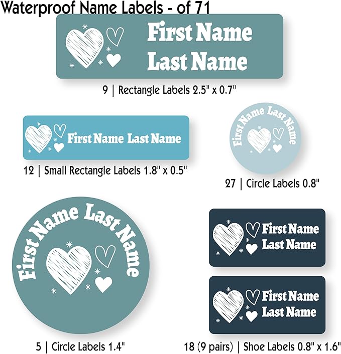 Personalized Kids Name Labels – Waterproof Custom Stickers for Daycare & School, Dishwasher & Laundry Safe (Heart-4)