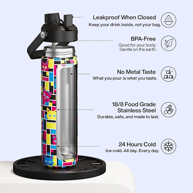 ENCOOL Insulated Water Bottle with Straw Stainless Steel Water Bottle, Leak-Proof, BPA-Free, Double Wall Vacuum Keeps Cold for 24 Hours for Sports, Travel, School (26 oz, Mosaic Cats)