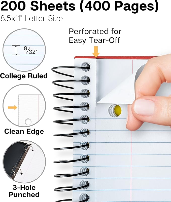 Dunwell 5-Subject Spiral Notebook, College Ruled (Red), Colorful Movable Pocket Dividers with Tabs, Front/Back Plastic Covers, 200 Sheets (400 Pages) of 3-Hole Punch Perforated 8.5x11 Paper