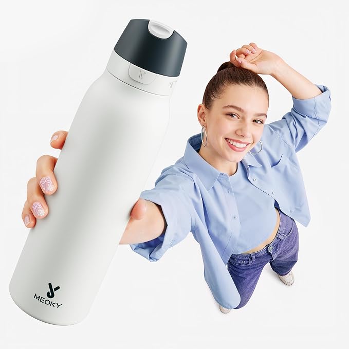 Meoky 24 oz Travel Water Bottle Stainless Steel: 2-in-1 Locking Lid, Frost | Leak Proof, Straw and Spout, 24 Hours Cold, Top Handle, BPA Free, Slim Insulated Water Bottle for Car Ourdoor