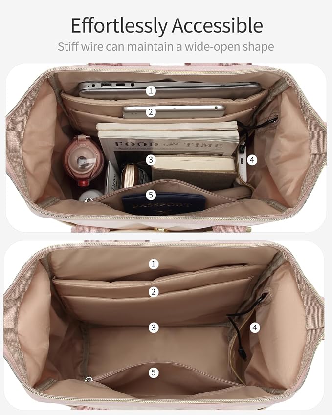 Computer Backpack for Women, Work Bag Laptop Bookbag with Cup Holder & USB Charger for Teacher Nurse College Travel Back Pack, Gifts, Beige Pink