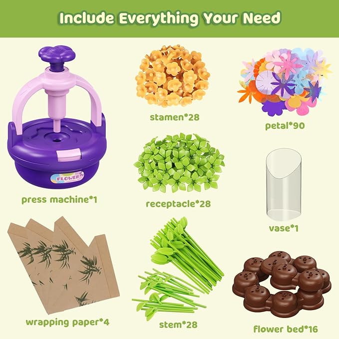 Flower Bouquet Making Kit for Kids Ages 4-8—DIY Arts and Crafts Toy, Build Your Own Flower Arrangement, Flower Press Craft Kit, Handmade Bouquet Birthday Gift for 3 4 5 6 7 8 9 Year Old Girls-[Purple]