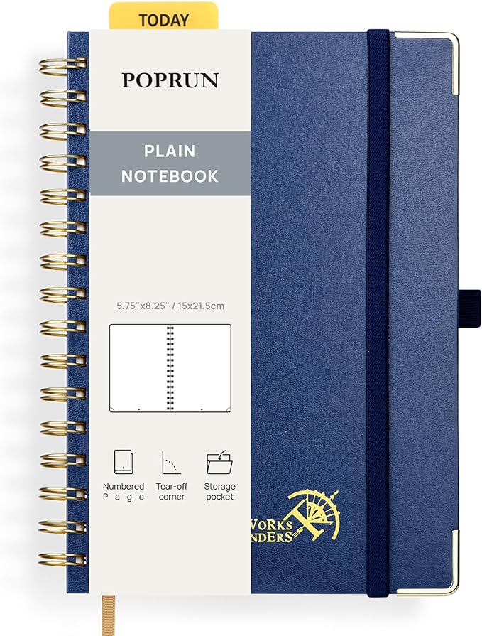 POPRUN Blank Spiral Journal Notebook, A5 Hardcover Sketch Books, 141 Pages Unlined Journals for Women Men, 120 GSM Plain Notebooks for Sketching, Drawing, Painting, 5.75'' x 8.25'', Navy Blue