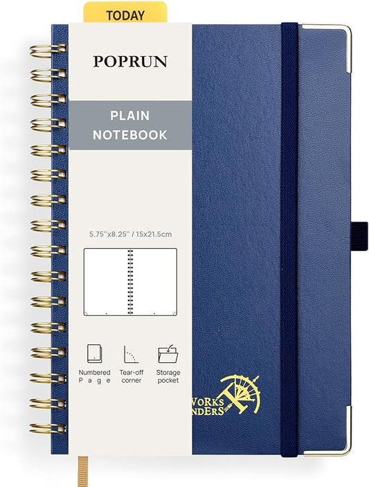 POPRUN Blank Spiral Journal Notebook, A5 Hardcover Sketch Books, 141 Pages Unlined Journals for Women Men, 120 GSM Plain Notebooks for Sketching, Drawing, Painting, 5.75'' x 8.25'', Navy Blue