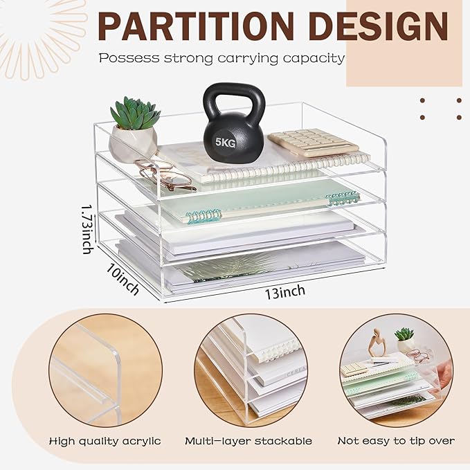 Harloon 4 Tier Acrylic Paper Tray Organizer, Heavy Duty Stackable Clear Organizer for A4/Letter Paper, Acrylic File Storage for Desk, Office Workspace, No Assembly Required, 13 x 10 x 1.7 Inches