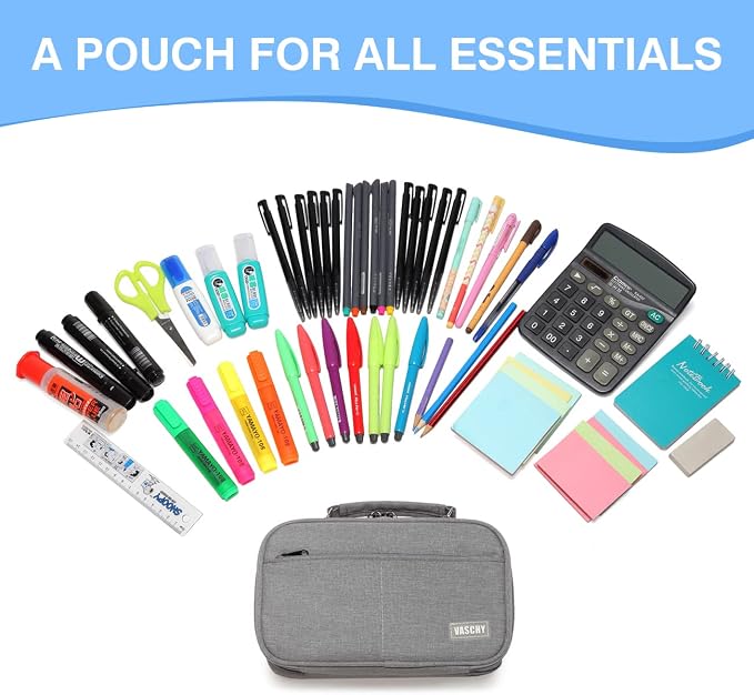 VASCHY Pencil Case, Large Pencil Pouch with Compartments for Middle School,Work,Office Pen Organizer Holder School Supply Gray
