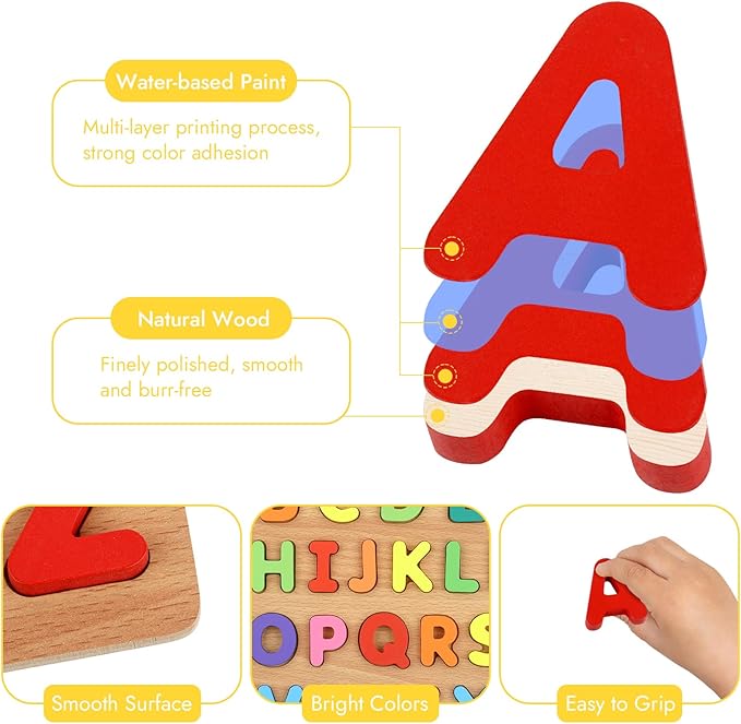 Alphabet Puzzle, Wooden Puzzles for Toddlers 3 4 5 Year Old, ABC Letter Puzzle, Educational Learning Toys for Kids Girls Boys Preschool Activities