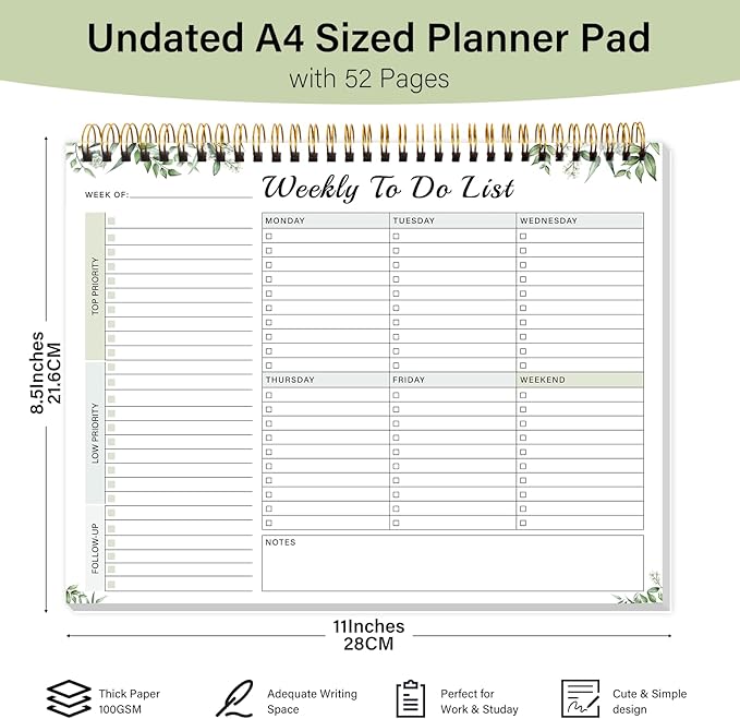 Weekly To Do List Pad with 52 Undated Sheets（8.5"×11"）- Weekly Desk Notepad with Spiral Binding for Women & Man, Office, School and Home Personal Organizer