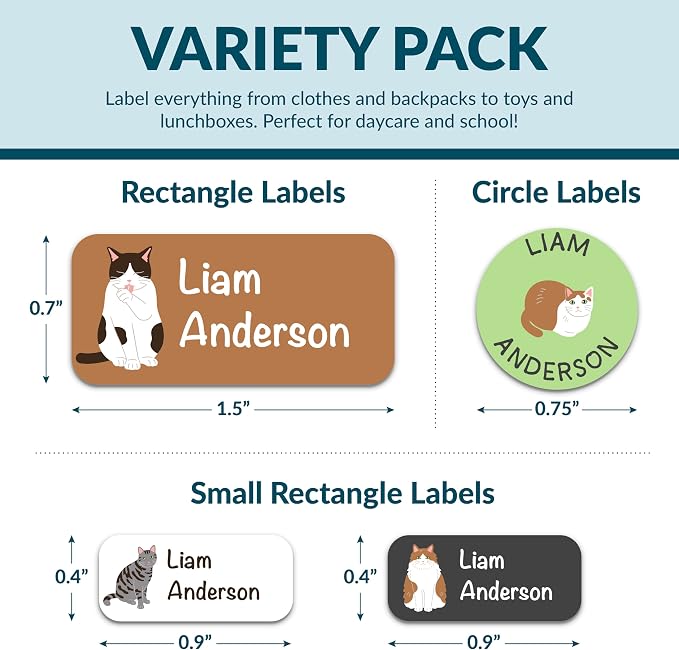 Personalized Waterproof Name Labels for Kids | Optional Packs 50, 150, 230 Labels | Custom Name Stickers for Kids' Clothing Tag, Water Bottle, Lunch Box, Customize Kid Name Label for Daycare Cats