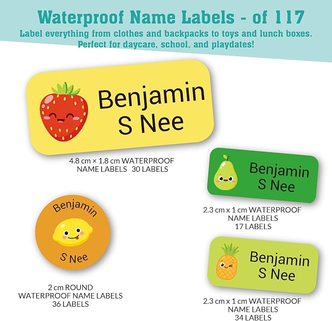 Personalized Daycare Name Labels for Kids (117 Labels) - Custom Durable Waterproof Name Stickers for Clothing Tags, Water Bottles, Lunch Boxes, and School Supplies - Dishwasher, Washer