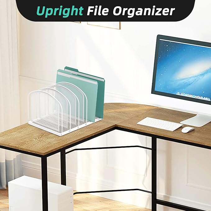 SUPEASY File Organizer 5-Section Mesh Desk Organizer, Upright File Organizer Desktop Organizer File Sorter, File Folder Holder for Office Supplies, White (Pack of 2)