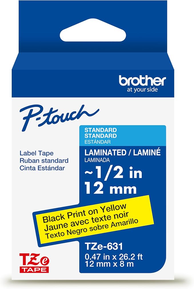 Brother Genuine P-Touch TZE-631 Tape, 1/2" (0.47") Black on Yellow, Laminated for Indoor or Outdoor Use, Water Resistant, 26.2 Feet (8M), Single-Pack