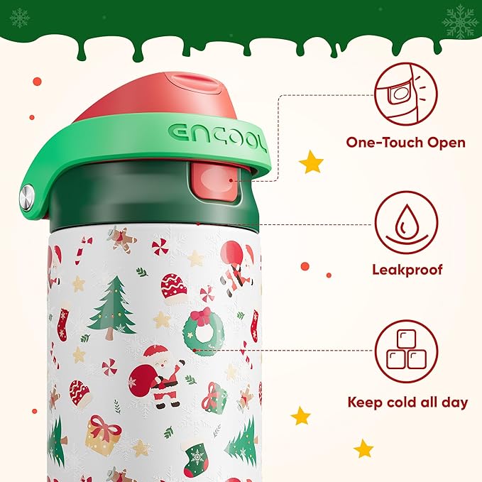 Christmas Insulated Water Bottle with Straw - Leak Proof Stainless Steel Water Bottle for School, Travel, Keeps Cold All Day, One-Touch Flip Lid, Holiday Gifts For Women Men, 24 oz, Santa Parade