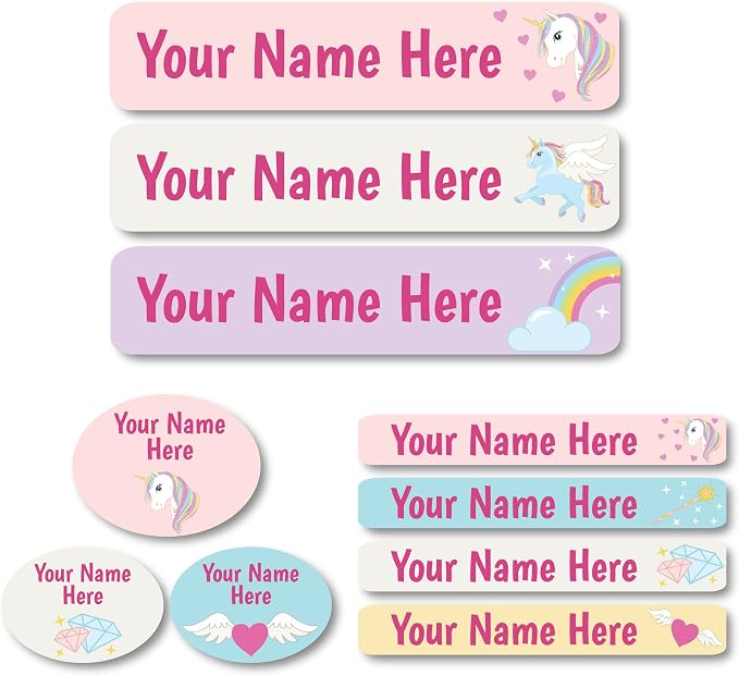 Lovable Labels Personalized Labels for Kids (85 Labels/Pack) - 3 Label Sizes Waterproof Dishwasher Safe Peel & Stick Labels for School Supplies Daycare Camp Clothing Bottles (Unicorn Dreams)