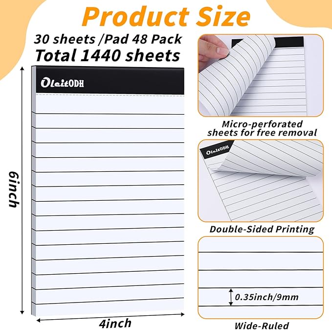 Oleitodh 4x6 Notepads – 48 Pack White Memo Pads Small Writing Pads with Perforated Lined Pages, Mini Note Pads 30 Sheets per Lined Note Pads 4x6, Pocket Notepads for Office School Home Supplies