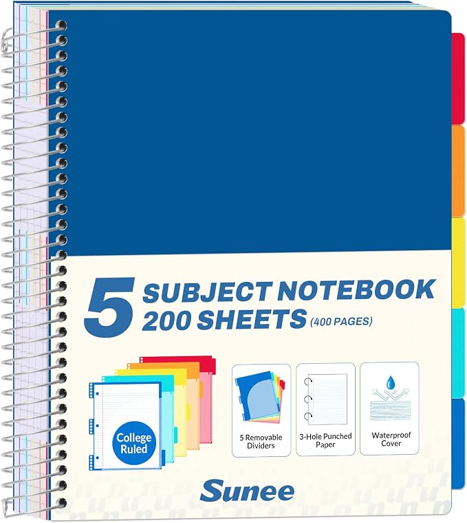 SUNEE 5 Subject Notebook College Ruled - 400 Pages, 9"x11", 5 Pocket Colored Dividers, 3-Hole Punched Paper, Dark Blue